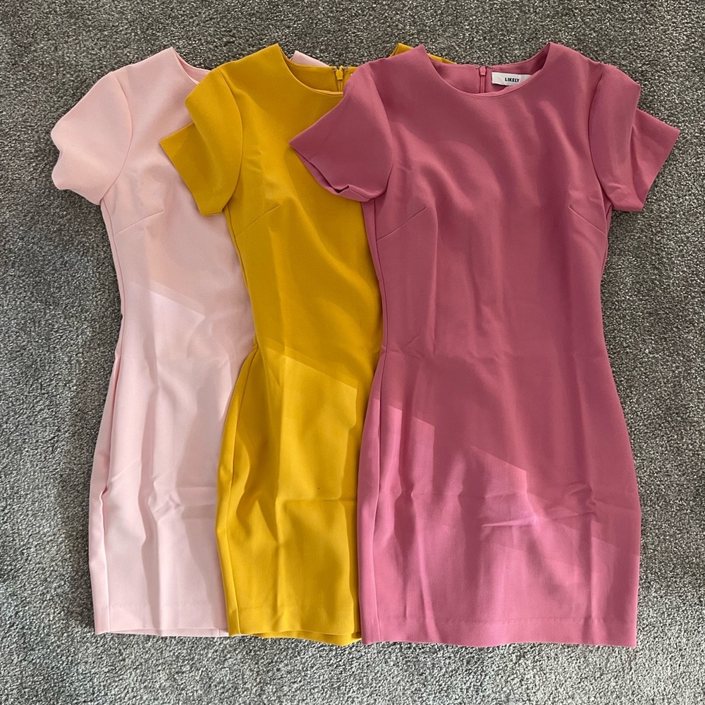 Likely Pink and Yellow Sheath Mini Dress Casual Crew Neck